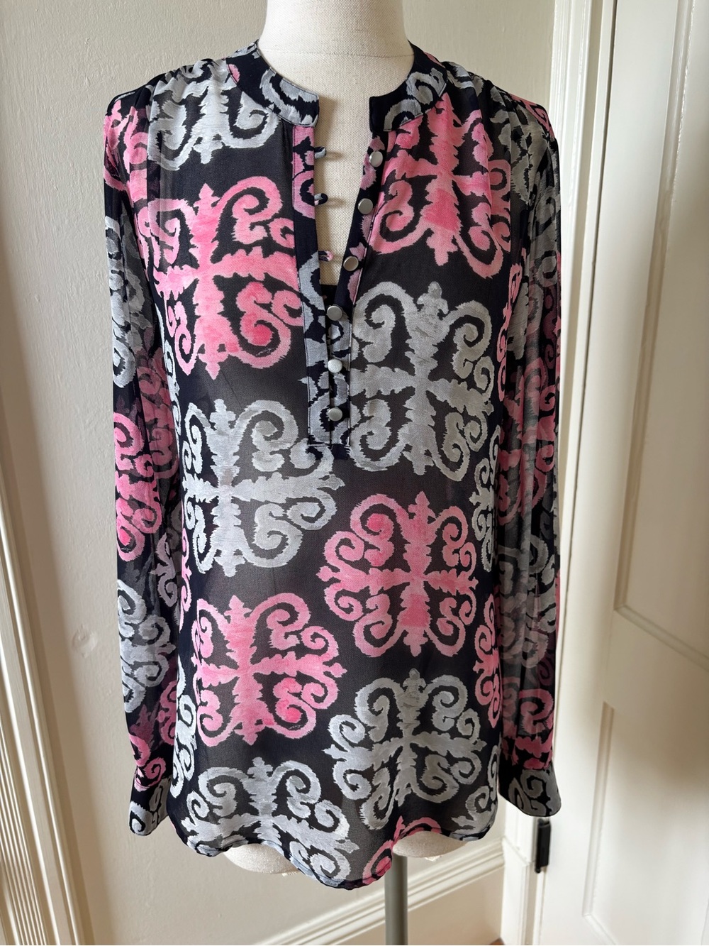 Banana Republic Black Blouse with Pink & Gray Scroll Pattern